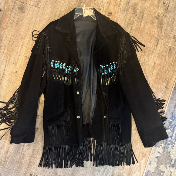 Vintage Excelled Suede Leather Turquoise Beaded Fringe Jacket - Picture 1 of 6